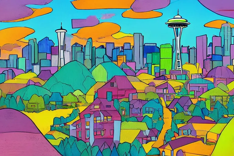 Image similar to !! pastel!! seattle in a sunny day, artwork by tooth wu, colorful contrast,!!!! very coherent!!!!, dark shadow, thick lineart