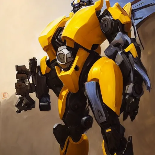 Image similar to greg manchess portrait painting of bumblebee the transformer as overwatch character, medium shot, asymmetrical, profile picture, organic painting, sunny day, matte painting, bold shapes, hard edges, street art, trending on artstation, by huang guangjian, gil elvgren, ruan jia, greg rutkowski, gaston bussiere