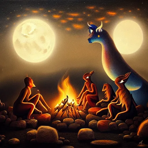 Image similar to strange mythical beasts of sitting around a fire under a full moon, surreal dark uncanny painting by ronny khalil