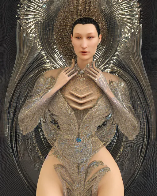 Image similar to a highly detailed metahuman 4 k close up render of a bella hadid as black latex monument renaissance in iris van herpen dress schiaparelli in diamonds crystals swarovski and jewelry iridescent in style of alphonse mucha gustav klimt trending on artstation made in unreal engine 4