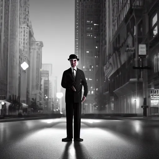 Image similar to a picture of a man with the face of humphrey bogart, wearing a 1 9 4 0's noire detective outfit, standing in the streets of chicago at night, 4 k octane render highly realistic digital painting