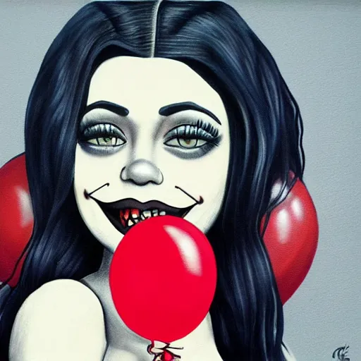 Image similar to grunge cartoon painting of kylie jenner with a wide smile and a red balloon by chris leib, loony toons style, pennywise style, corpse bride style, horror theme, detailed, elegant, intricate