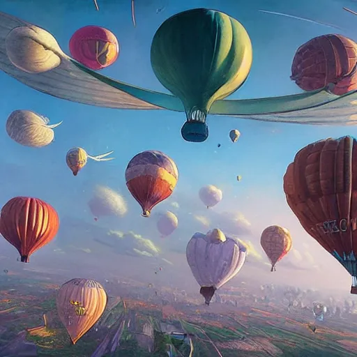 Prompt: a beautiful oil painting of a flying city,ballons,airship, 4k unreal engine renders, ultra-wide angle, by victo ngai, Jen Yoon, Geof Darrow, Peter Mohrbacher, johfra bosschart,Thomas Kinkade,miho hirano , HD, pastel color scheme
