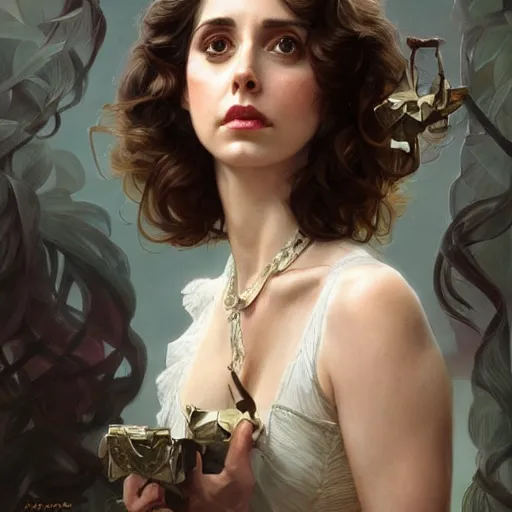 Image similar to ultra realistic illustration, alison brie wearing a curly english mustache, intricate, elegant, highly detailed, digital painting, artstation, smooth, sharp focus, art by artgerm and greg rutkowski and alphonse mucha