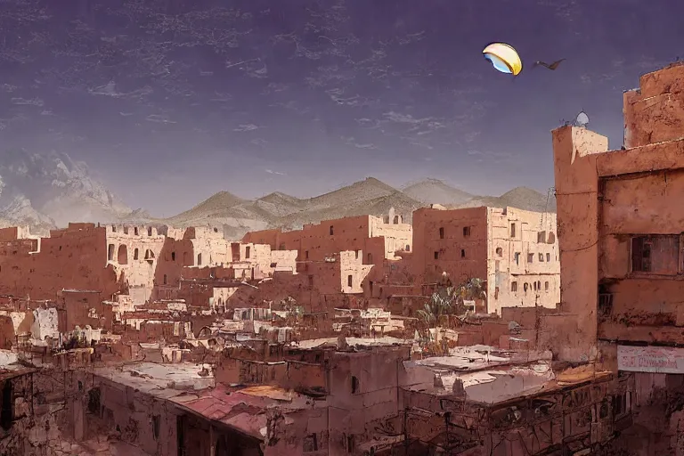 Image similar to at night low angle in the middle of a adobe house kasbah town, mud and brick houses, merchant street, pueblo dense architecture, colorful crowd. Huge Persian white temple in a plaza, round roof. Kite in the sky. Scenic view at night, underexposed, clean horizon, matte painting by craig mullins and dan mumford, dark fantasy, style of game of thrones, concept art trending on artstation, 4k, insane details