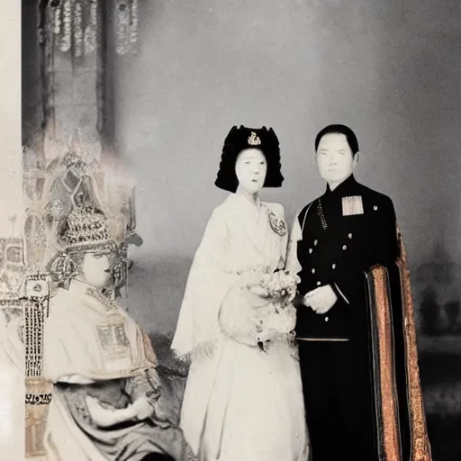 Prompt: An extreme closeup shot, colored black and white Russian and Japanese mix historical fantasy photographic portrait of a Royal wedding of the empress and emperor curtsying to the Priestess and Priest, golden hour, warm lighting, 1907 photo from the official wedding photographer for the royal wedding.