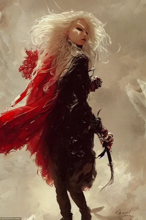 Prompt: a vampire with long light white hair and a red scarf, windy, ribbons, melancholic, modern maximalist fashion dress, is ( ( holding a sword ) ). light dust, magnificent, hyperdetailed, theatrical, painted by jean honore fragonard and greg rutkowski