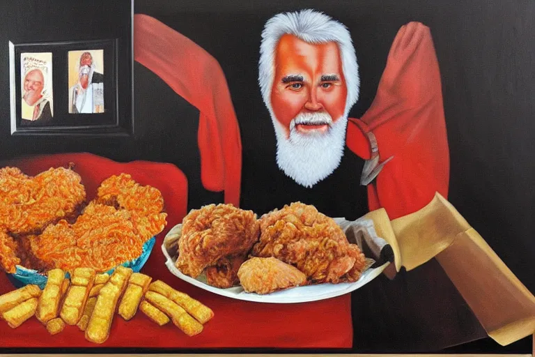 Prompt: black velvet painting of kenny rogers with fried chicken in frame