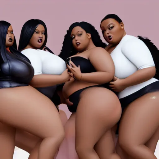 Prompt: 16k still of a group of black bbw models twerking and some taking a pictures of each other while posing in the same bed , they are all laying down, 3d, in the style of pixar, smooth, 3d, highly detailed, highly detailed, sharp focus, bokeh, depth of field, 16k resolution, Unreal Engine 5, coherent, cinematic lighting, photorealistic