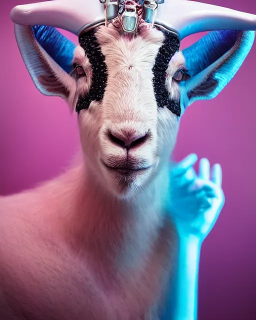 Image similar to natural light, soft focus portrait of a cyberpunk anthropomorphic goat with soft synthetic pink skin, blue bioluminescent plastics, smooth shiny metal, elaborate ornate head piece, piercings, skin textures, by annie leibovitz, paul lehr