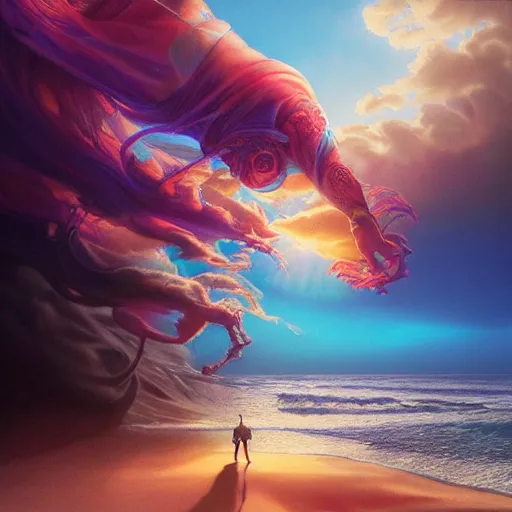 Image similar to sunset multicolor waves, art by tristan eaton, stanley artgermm, tom bagshaw, greg rutkowski, carne griffiths, ayami kojima, beksinski, giger, trending on deviantart, photorealistic, vray, hdr, hyper detailed, dramatic lighting, octane render, weta digital, 3 d sculpture