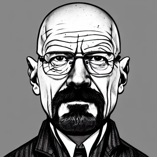 Prompt: Walter white in a scene from Alice in wonderland, artstation, concept art, sharp focus, illustration in pen an ink, black and white, art by Masashi Tanaka