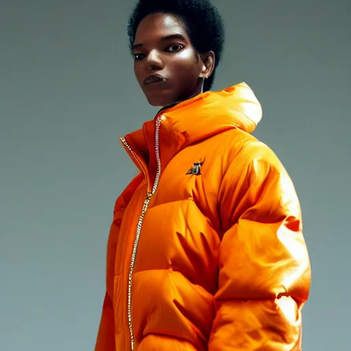 Prompt: realistic photoshooting for a new balenciaga lookbook color film photography close up portrait of a beautiful woman model, model wears a puffer jacket, photo in style of tyler mitchell, ssense