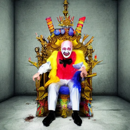 Prompt: klaus schwab wearing bizarre clown makeup, and intricate clown costume, sitting on a throne in an abandoned bathroom, by rossdraws, vivid colors, studio lighting, digital artwork, uhd, best of artstation