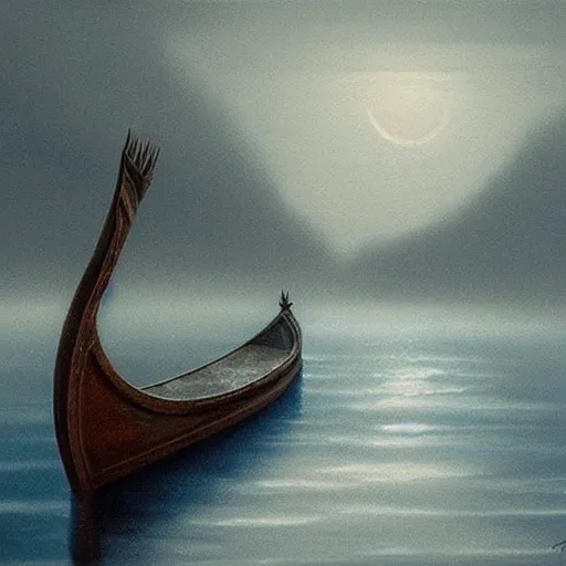 Image similar to of a viking longboat, filled with aed vikings lined with shields on a misty river realism painting