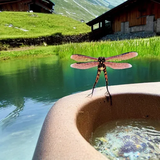 Image similar to dragonfly in a bathtub in the alps, big goat in the background