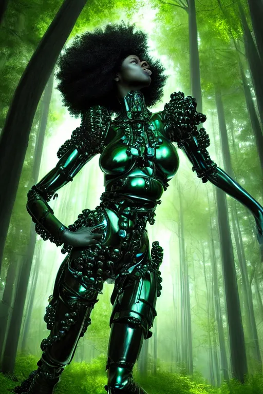 Image similar to hyperrealistic neo - baroque super expressive! black woman with exoskeleton armor, merging with tree in a forest, highly detailed digital art masterpiece smooth cam de leon eric zener dramatic pearlescent blue green light ground angle hd 8 k sharp focus