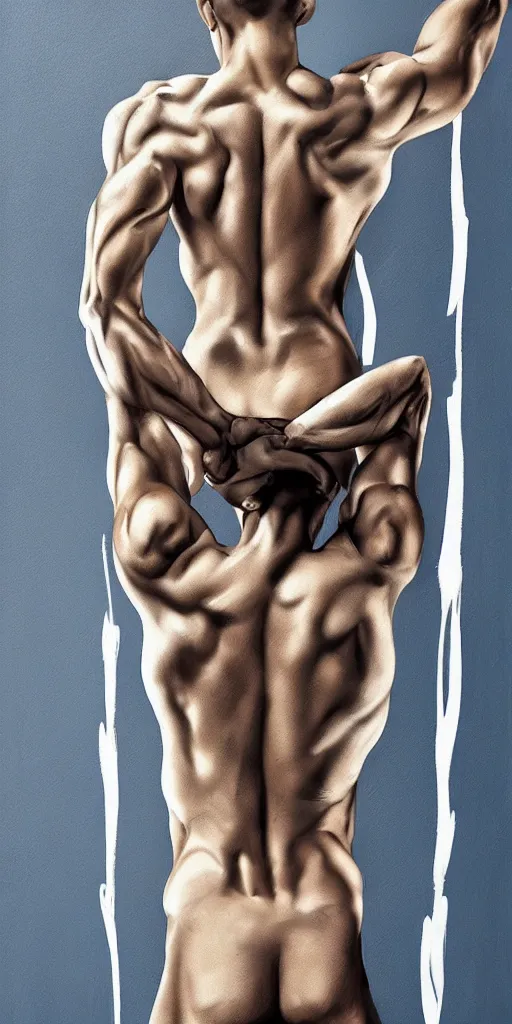 Image similar to thick long paint brush strokes, outline suggesting the physique of a thin athletic male doing pullup, matte paint colors, minimal painting, negative space, long flowing brush strokes