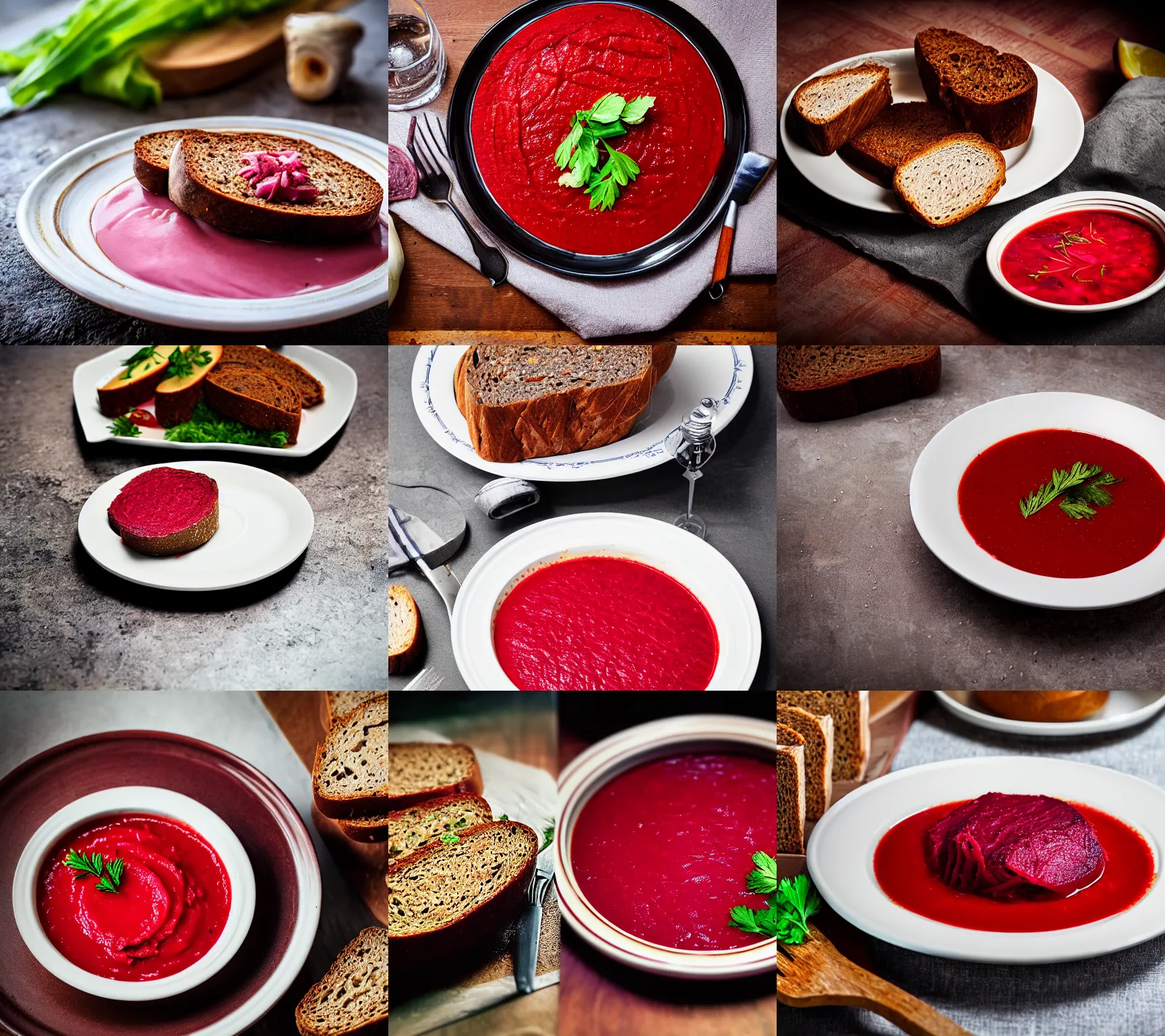 Prompt: plate of borscht, brown bread with sliced salo, hyper realistic, extremely detailed, foodphoto, photorealism, garlic on background, side view, bokeh, epic lightning, yamy, leica 1 3 5 mm!!
