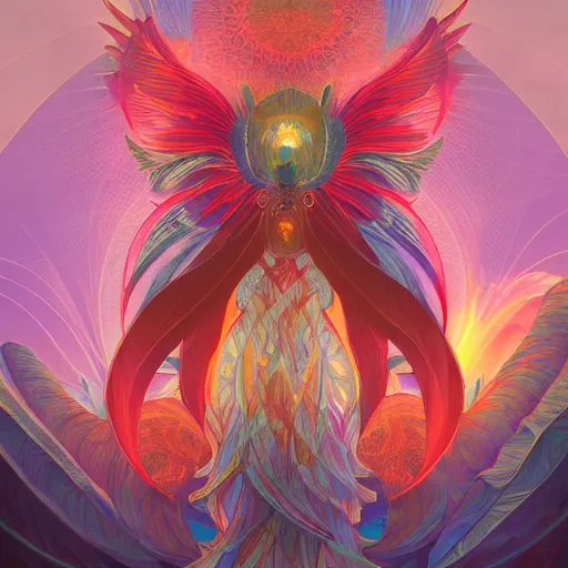 Image similar to the solarpunk phoenix, red bird, ornate egg, regeneration, landscape, epic composition, volumetric light, bokeh, inspired by peter mohrbacher and by alphonse mucha