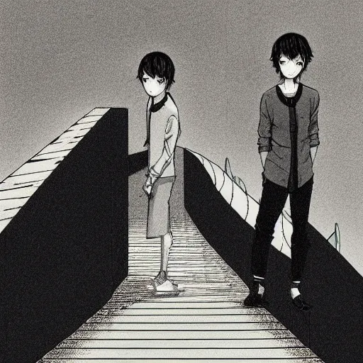 Prompt: manga illustration, two men standing at the edge of reality, dynamic perspective, y 2 k, unknown