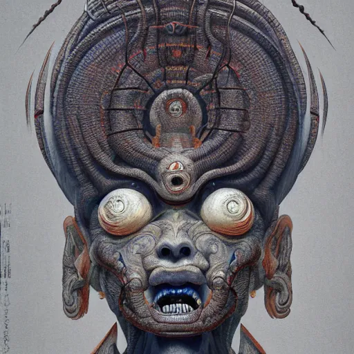 Prompt: naraka buddhist alien demon korean, thailand art, tubular creature, blood vessels, blue eyes, black energy, dystopian surrealism, zdzisław beksinski, symmetry accurate features, very intricate details, high resolution, symmetrical long head, smooth marble surfaces, detailed ink illustration, robot, metal gear, cinematic smooth stone, deep aesthetic, concept art