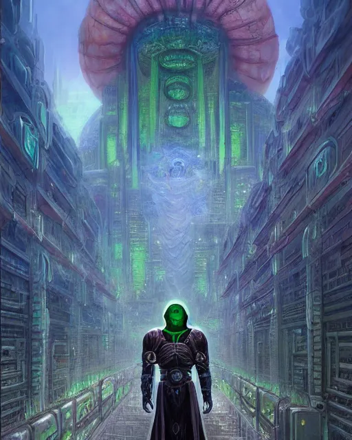 Image similar to dr. doom in a scifi city, by antonio j. manzanedo, giger, alex grey, android jones, wayne barlowe, philippe druillet, raymond swanland, cyril rolando, josephine wall, harumi hironaka, trending on artstation