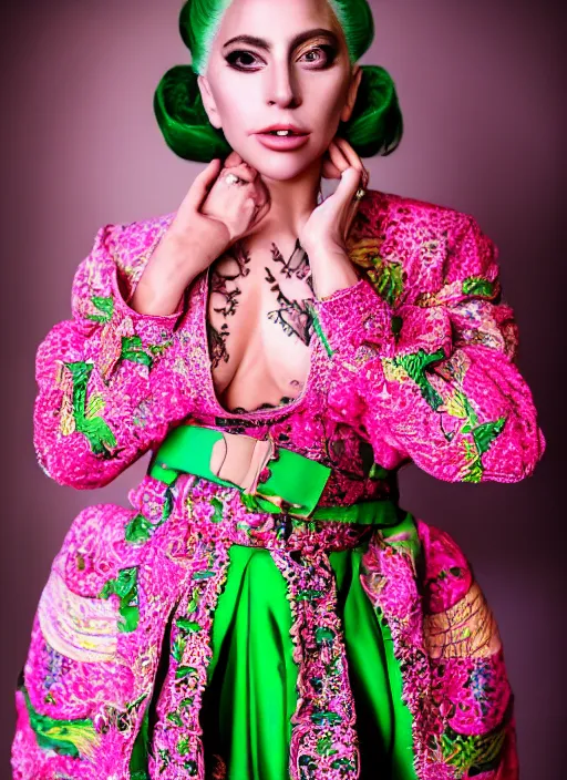 Prompt: portrait of lady gaga wearing green kebaya with pink silk belt and batik skirt, by charlotte grimm, natural light, detailed face, beautiful features, symmetrical, canon eos c 3 0 0, ƒ 1. 8, 3 5 mm, 8 k, medium - format print, half body shot