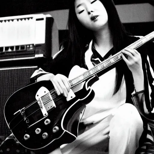 Prompt: a black and white photograph of a female japanese artist playing a gibson sg, 1 9 7 0 s