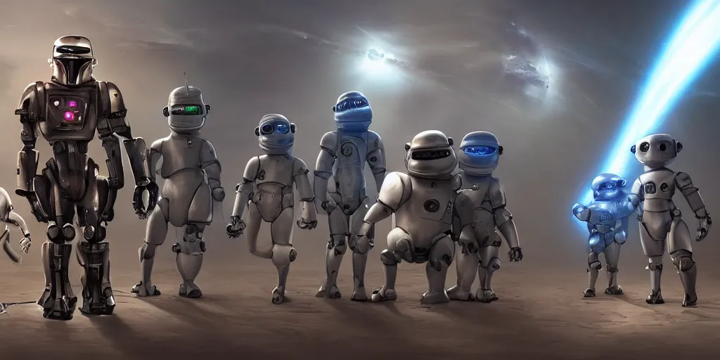 Image similar to futuristic robot babies with rgb ambient lighting eye implants. the robots wears spacesuits, and explores the cosmos on rocket space jet skis. science fiction blockbuster movie teen nebulous or my robot ate my homework, dramatic lighting, style of mandalorian, rougue one, shrek