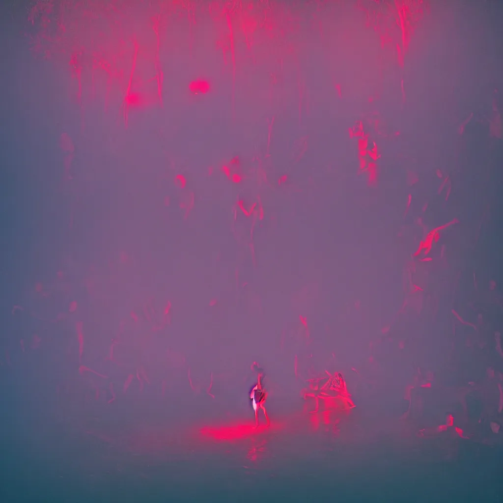 Prompt: rave in the red pond at night, light art, epic composition, by benoit paille, hd, octane, volumetric lighting, masterpiece,