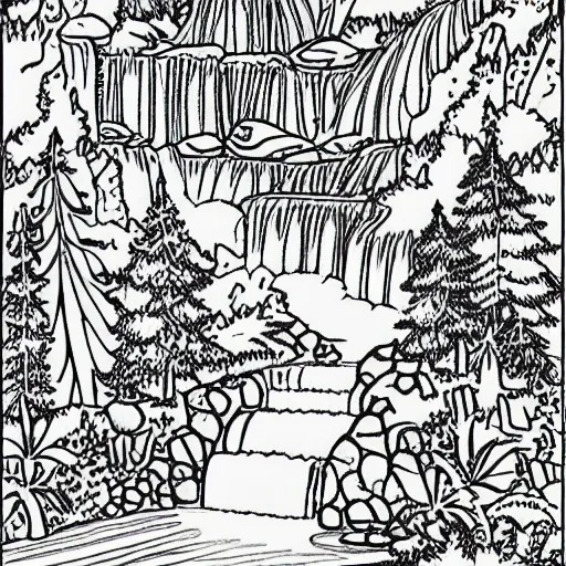 Image similar to an adult coloring page of a waterfall in the enchanted forest