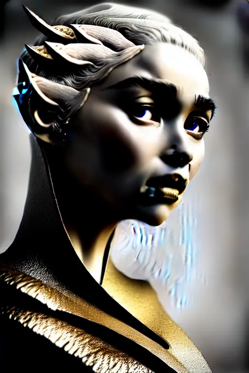 Prompt: bw contrasted close - up profile face, black background, daenerys targaryen - dragon - cyborg - female, 1 5 0 mm, beautiful natural soft rim light, silver gold details, magnolia leaves and stems, roots, mandelbot fractal, elegant, ultra detailed, white metallic armour, octane render, h. r. giger style