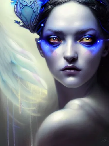 Image similar to dark sorceress with blue skin by james jean, charlie bowater, tom bagshaw, nikolay makovsky, melanie delon : : enchanting, ethereal, magical, glowing, sparkle, prismatic, portrait, character design, illustration, hyperrealism, photorealism, digital art, concept art, dark fantasy, whimsy, weta, wlop, artstation