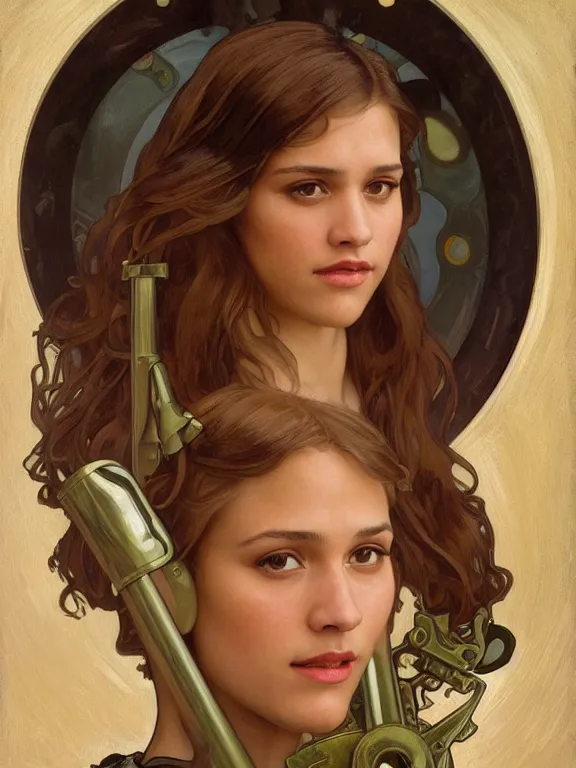 Prompt: an art nouveau style head and shoulders portrait oil painting of a pretty young alicia vikander or jessica alba as a mechanic in a dirty coveralls holding a wrench, in front of a round, complex rotary airplane engine, intricate, detailed, smooth, complex, elaborate, by alphonse mucha and james gurney and john william waterhouse and bouguereau