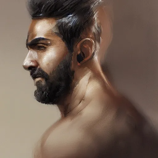 Image similar to Portrait of a man by Greg Rutkowski, he is about 30 years old, mixture between persian, indian and texan, wide forehead, short black hair, manly, attractive, strong and burly, he is wearing a utilitarian beige and black jumpsuit, highly detailed portrait, scifi, digital painting, artstation, concept art, smooth, sharp foccus ilustration, Artstation HQ