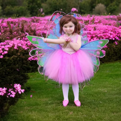 Image similar to a young girl dressed up as fairy in front of some pink flowers