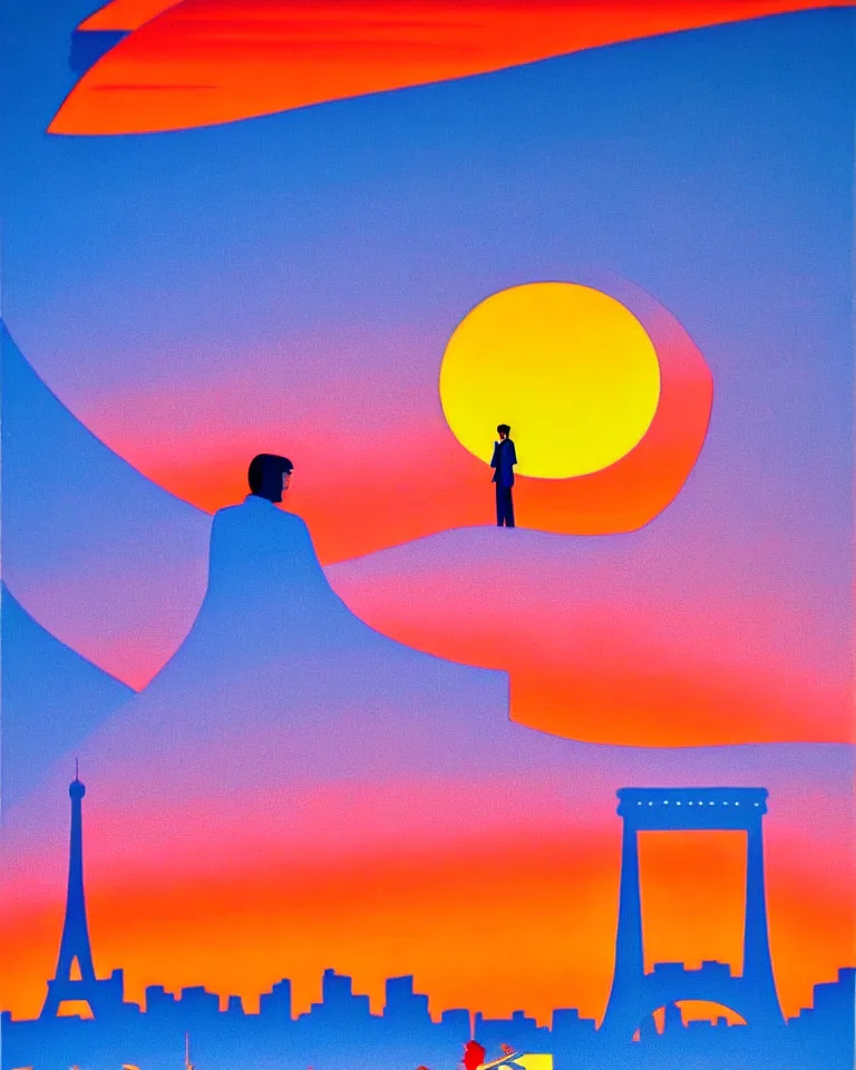 Image similar to gorgeous romantic sunset, cliffside onlooking the beautiful city of paris, warm colors, in the style of hiroshi nagai, very detailed, 8 0 s