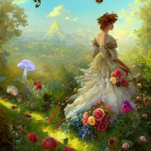 Image similar to portrait of a victorian woman running up a hill of exotic flowers, giant mushrooms, and roses, from behind, streets, birds in the sky, sunlight and rays of light shining through trees, tall buildings on the sides, beautiful, solarpunk!!!, highly detailed, digital painting by Michael Garmash and Peter Mohrbacher