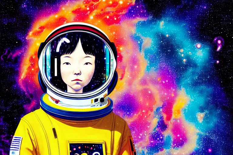 Prompt: portrait of a female astronaut floatin floating around dna strands in a nebula, hikari shimoda, takashi murakami, james jean, makoto shinkai, akihiko yoshida, gustav klimt, lomography, colorful, hdr, ilya kuvshinov, yoh yoshinari, explosive, fine grain texture