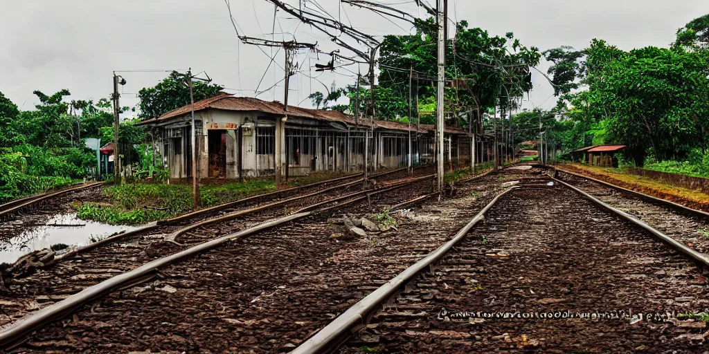 Image similar to abandoned sri lankan train station, cats, rain, mud, greenery, photograph