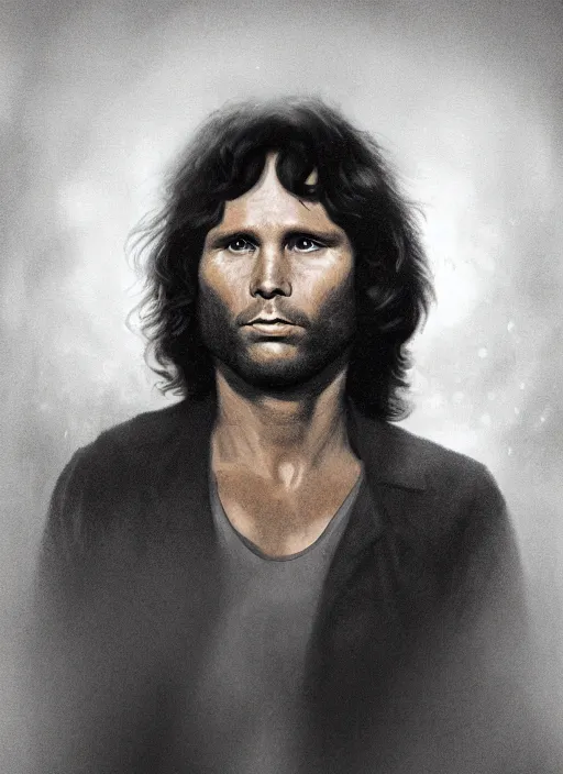 Image similar to jim morrison in real life, face centered portrait of jim morrison, confident, fog, rain, volumetric lighting, beautiful, golden hour, sharp focus, ultra detailed, cgsociety by leesha hannigan, ross tran, thierry doizon, kai carpenter, ignacio fernandez rios, noir art house, 4 k, 3 5 mm, fujifilm