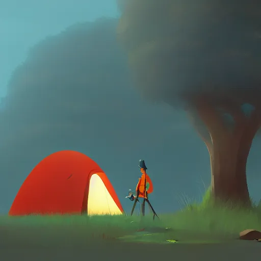 Image similar to goro fujita ilustration hiker setting up a tent in the forest, painting by goro fujita, sharp focus, highly detailed, artstation