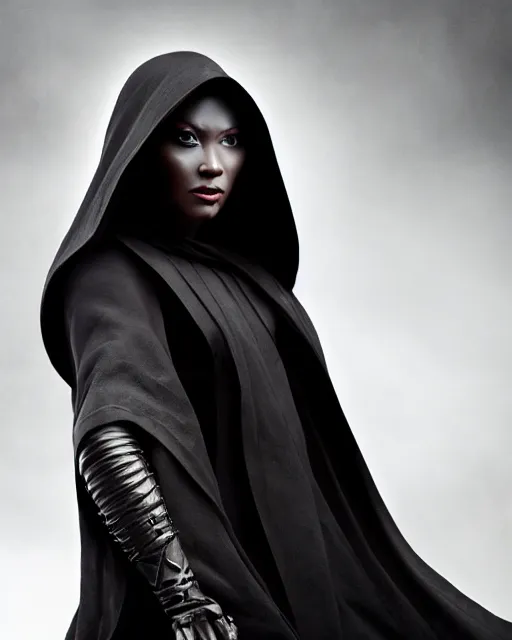 Image similar to closeup portrait, beautiful woman dark lord of the sith wearing a black hooded jedi cloak against a black background, white skin, dark eyes, rim light, volumetric lighting, concept art, smooth, sharp focus, arney freytag, glamour pose, soft ambient lighting, octane, 2 8 mm,