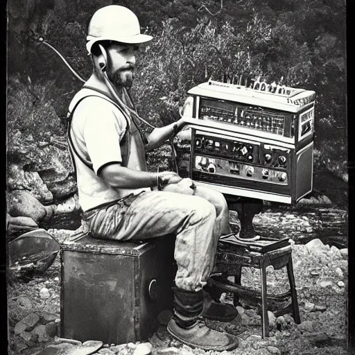 Image similar to tintype photography of a gold miner at the Yuba river with headphones and a weird vintage machine that makes electronic music