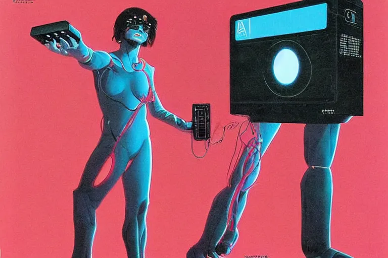 Image similar to a 1982 cover of OMNI magazine depicting an anatomically correct hand holding an electronic box. Neo-Tokyo. Cyberpunk style art by Vincent Di Fate.