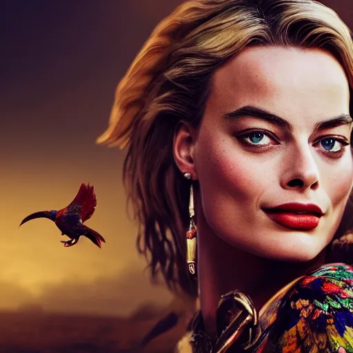 Image similar to margot robbie as a beautiful pirate with a parrot on the shoulder, realistic portrait, 8k resolution, hyper detailed, studio lighting, cinematic