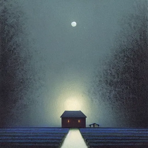 Image similar to painting by by Quint Buchholz, atmospheric cozy futuristic organic white concrete house in the middle of a lush and dense forest at night, a beautiful lake next to it, night time, night sky, starry night sky, by Quint Buchholz