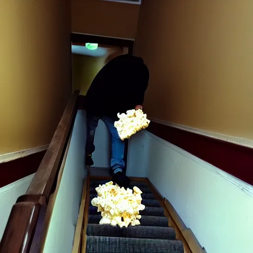 Prompt: mike wazowski falling down the stairs with a bucket of popcorn, iphone photo