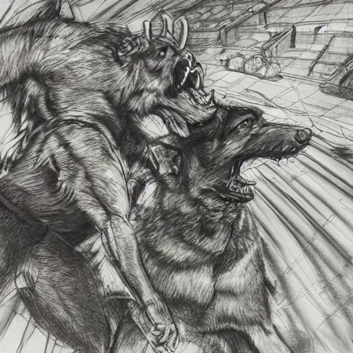 Image similar to a humanoid german shepherd beast - man wrestling with another german shepherd in the middle of an arena, pencil art, added detail, high definiton, colored, aerial viewyoji shinkawa